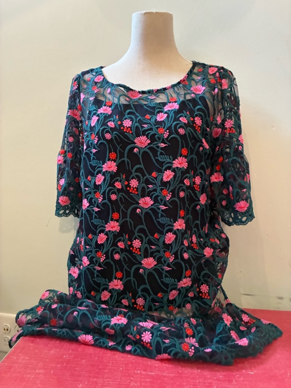 Moulinette Soeurs Anthropologie Black Sheer Mesh Top Pink Red Floral Embroidery